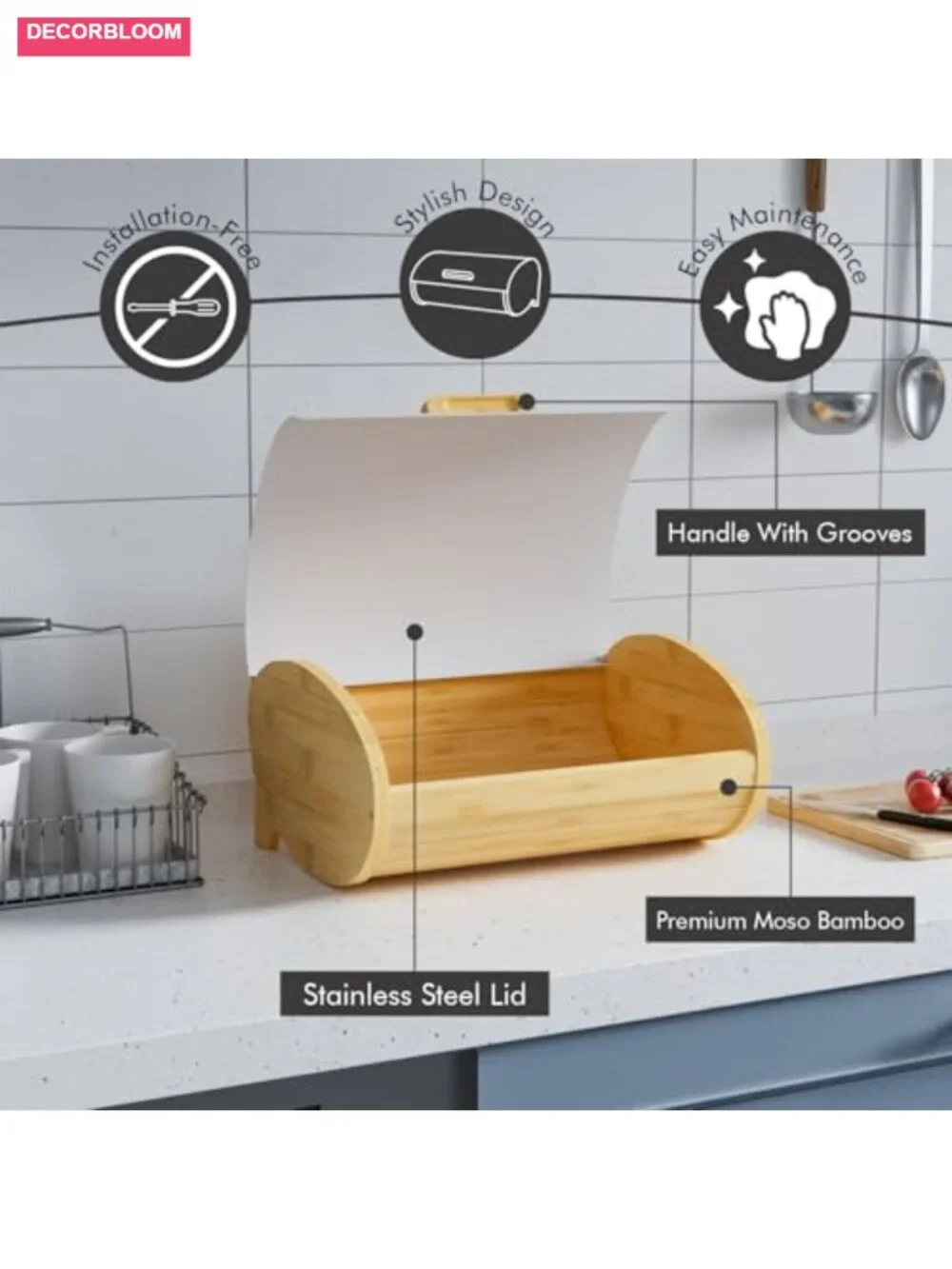 Modern Bamboo Bread Box with Stainless Steel Lid for Kitchen Countertop